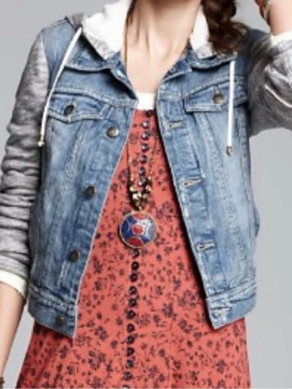 Free People Denim Jacket S/P Blue Wash Distressed Removable Hoodie French Terry - Picture 5 of 11